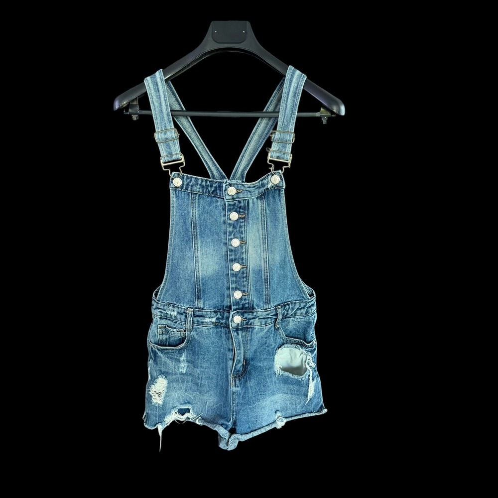 Y2K Hot Kiss Womens Distressed Denim Shortalls Blue Jeans Sz 7 Baby Doll